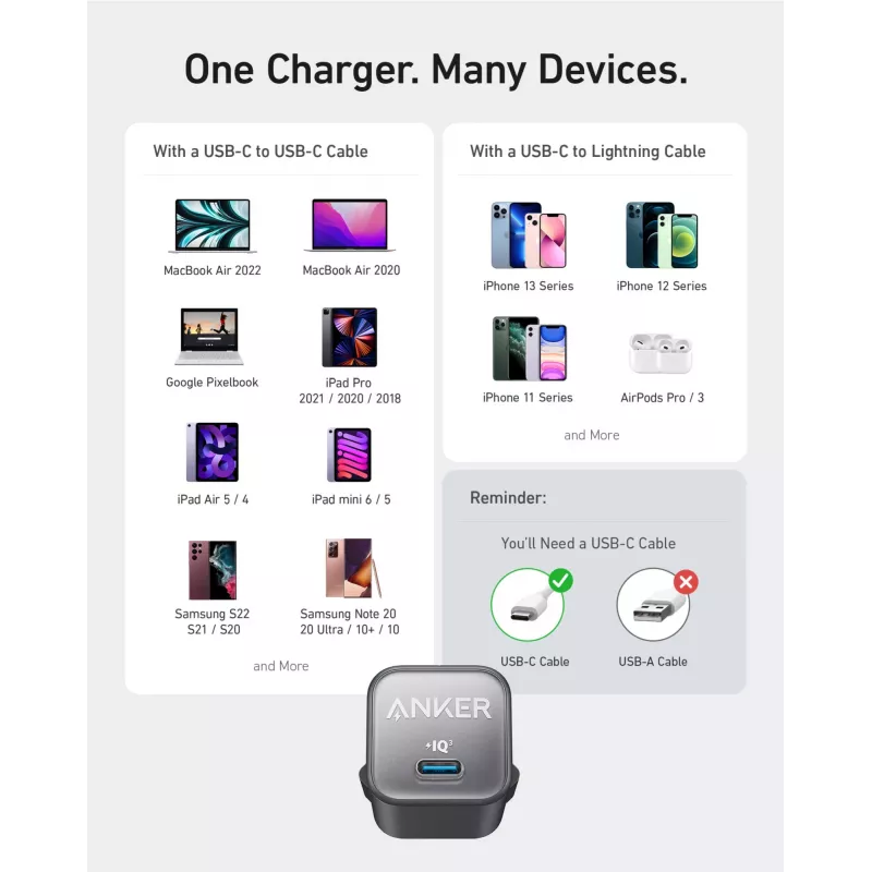 Ładowarka sieciowa Anker 511 Nano 3 — 30 W, 1× USB-C, 100–240 V, czarna