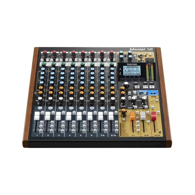 Mikser Tascam Model 12 — 12‑kanałowy mikser analogowo-cyfrowy, 24‑bitowy, 48 kHz, USB‑C, karta SD, Bluetooth 5.0