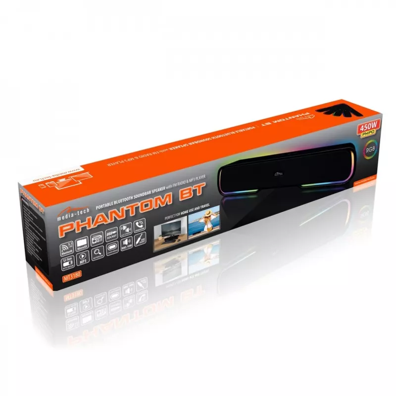 Głośniki MEDIA‑TECH Phantom MT3180 soundbar 450W RMS, 80W zasilany bateriami, Bluetooth, przewodowy i bezprzewodowy, czarny