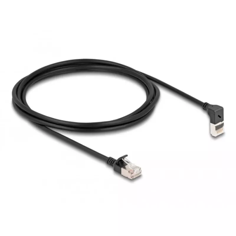 Delock - Kabel sieciowy - RJ-45 (M) do góry pod kątem do RJ-45 (M) prosty - 2,0 m - 4,5 mm - S/FTP - CAT 6a - ekranowany, bezhalogenowy - czarny (80288)