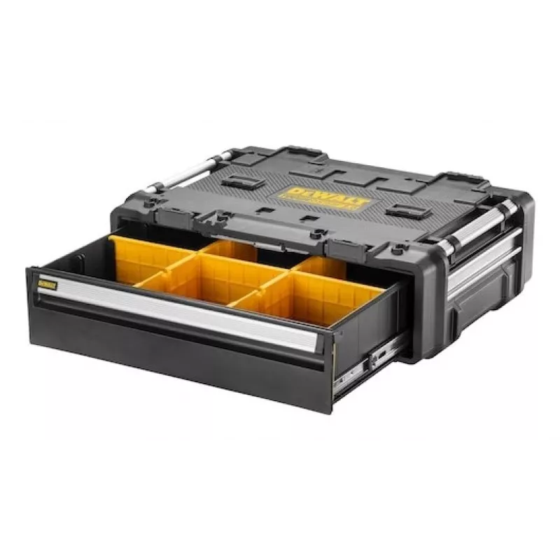 Skrzynka narzędziowa DeWalt DWST08510-1 — konstrukcja z aluminium i tworzywa sztucznego, czarno-żółta