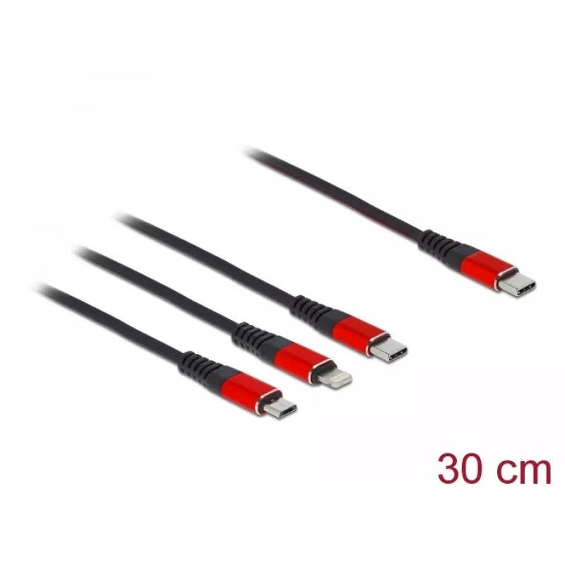 Kabel do ładowania USB DeLOCK 86710 3 w 1 USB Type-C do Lightning Micro USB 30 cm Czarny Czerwony