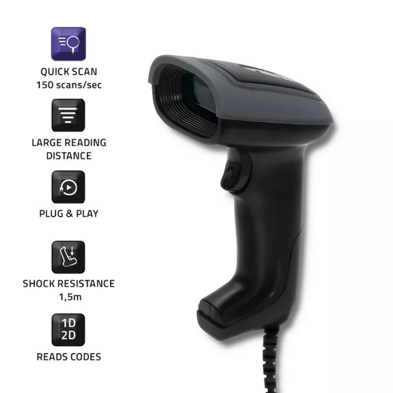 Ręczny czytnik kodów kreskowych QOLTEC 50863 — skaner 1D/2D, przewodowy USB, sensor LED, czarny, 5V, kabel 1,8 m