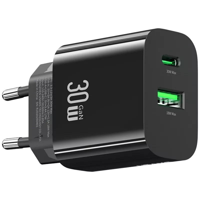 Ładowarka USAMS USA001631 30W z 1x USB-C i 1x USB-A szybkie ładowanie