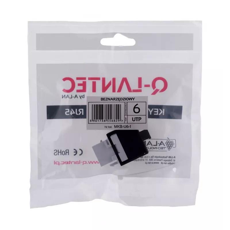 Keystone jack A-LAN MKB-U6-1 — RJ45 U/UTP Cat6, 22/26 AWG, obudowa ABS czarno-biała