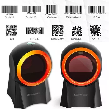 Przewodowy stacjonarny skaner kodów kreskowych QOLTEC 50857 — 1D/2D, USB, obudowa ABS, czarny, kabel 1,75 m