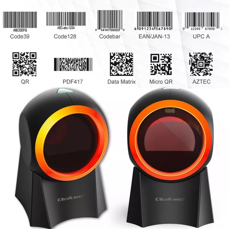 Przewodowy stacjonarny skaner kodów kreskowych QOLTEC 50857 — 1D/2D, USB, obudowa ABS, czarny, kabel 1,75 m