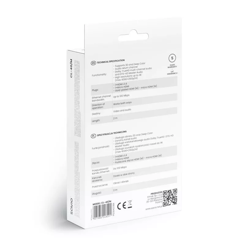 Savio CL-40/M HDMI (M) - micro HDMI (M) kabel z Ethernetem, 2m, Czarny