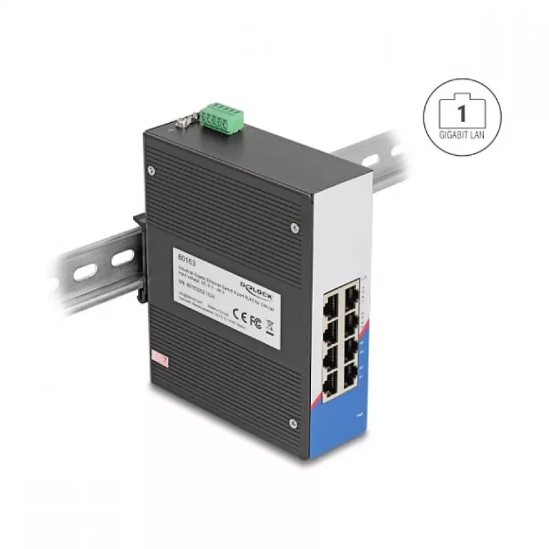 Przełącznik Gigabit Ethernet DELOCK 80163, 8-portowy RJ45 przemysłowy switch, niezarządzalny, obudowa metalowa