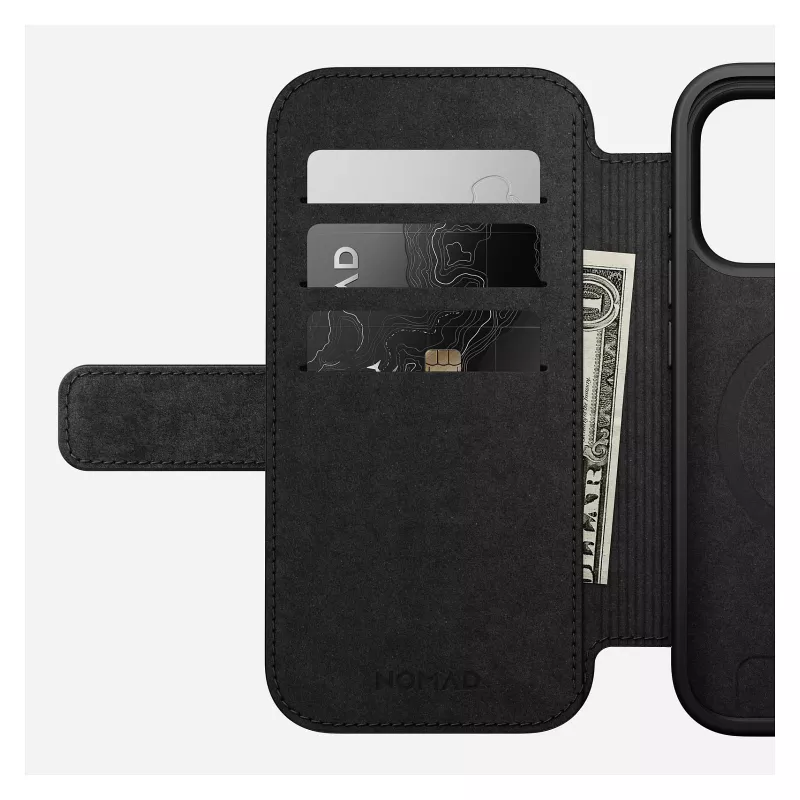 Skórzany portfel do telefonu Nomad Modern Leather Folio Cover dla iPhone 17 Pro, 16 cm (6,3 cala), czarny, 4 kieszenie na karty