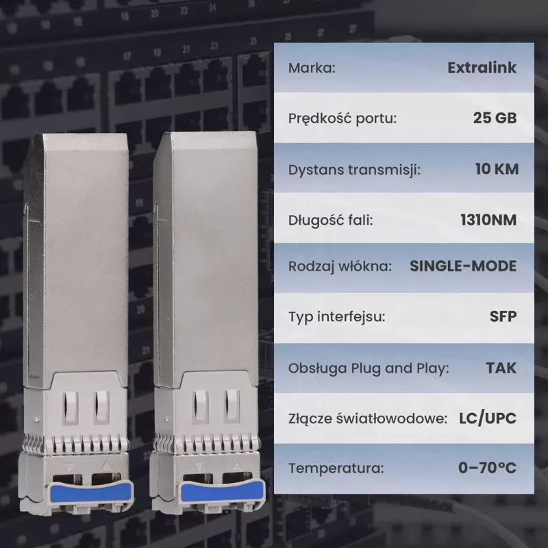 Extralink SFP28 25G 2-Pack | Moduł SFP28 | 25Gbps, LC/UPC Duplex, 1310nm, 10km, jednomodowy, transceiver sieciowy z funkcją DOM