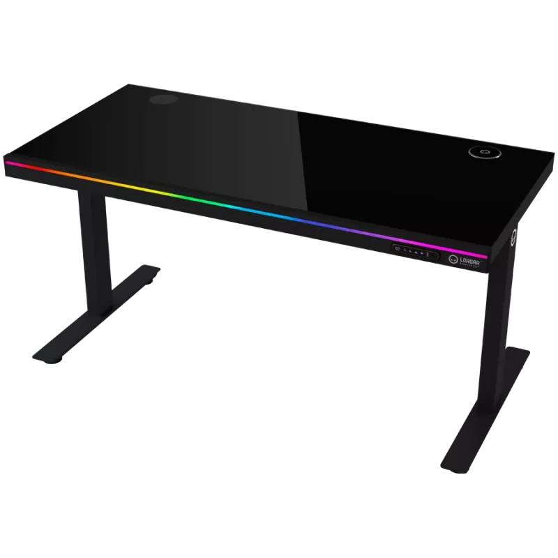 Biurko gamingowe z podnoszeniem elektrycznym, dwusilnikowe, regulowana wysokość siedząco-stojąca, z bezprzewodową ładowarką, podświetleniem RGB, panelem sterowania i portami USB, blat z hartowanego szkła, czarny.
