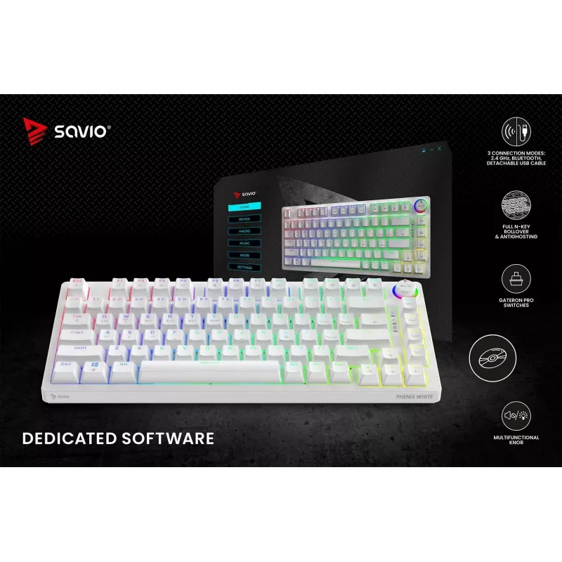 SAVIO PHENIX WHITE Bezprzewodowa Klawiatura Mechaniczna, Gateron Red Pro, ABS