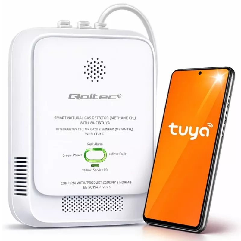 Detektor wycieku gazu QOLTEC NG Tuya — czujnik gazu ziemnego (CH4), inteligentny, kompatybilny z Tuya