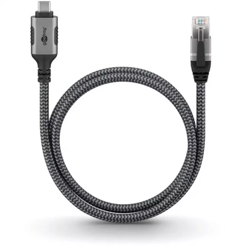 Kabel Ethernet USB-C 3.2 Gen2 wtyczka > wtyczka RJ-45 (czarny/srebrny, 5 metrów, pleciona osłona tekstylna)