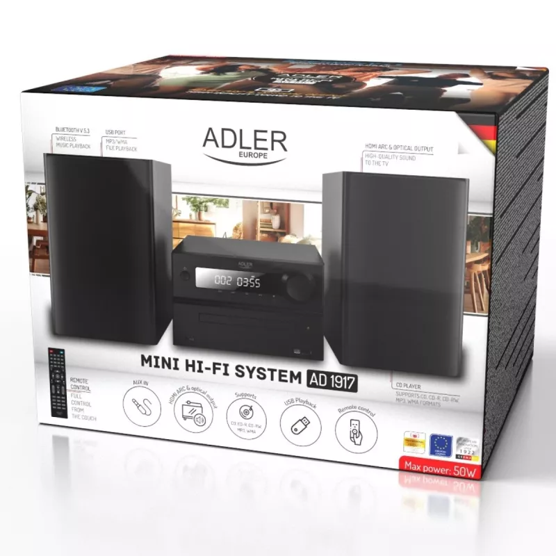 Mini zestaw stereo Hi‑Fi Adler AD 1917 — Bluetooth V5.3, CD/USB/MP3, 2×25W RMS, tuner FM, 4‑pasmowy korektor, AUX, czarny