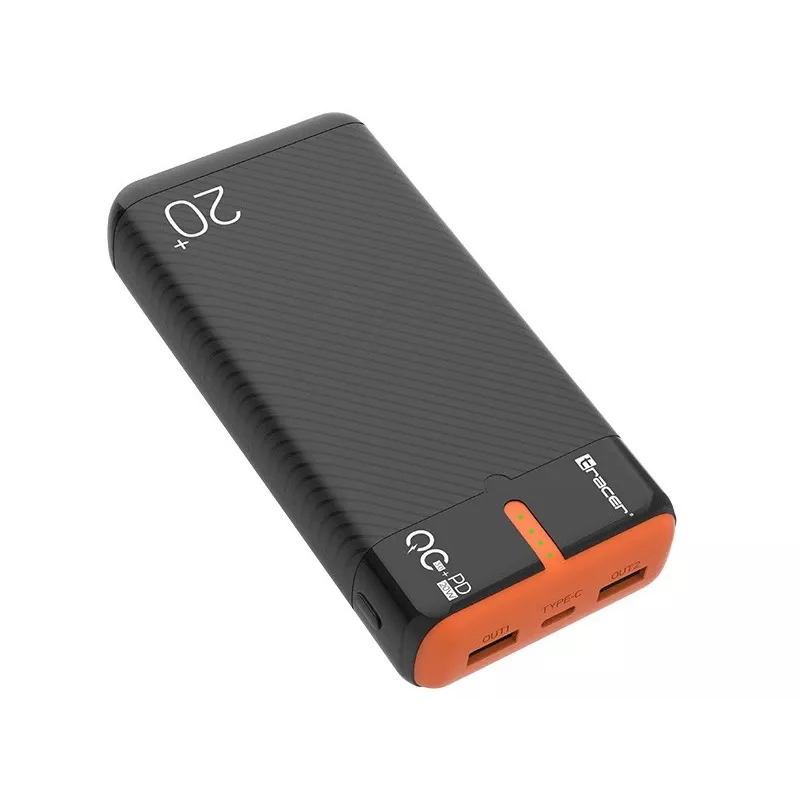 Ładowarka przenośna TRACER EnerGen 20000 mAh, Power Delivery 20W, wejście USB-C, 2 wyjścia USB-A, obsługa 3 urządzeń, pomarańczowa