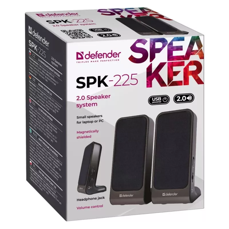 Głośniki przewodowe DEFENDER SPK-225 2.0, 4 W RMS, USB/DC 5 V, 3,5 mm, czarny
