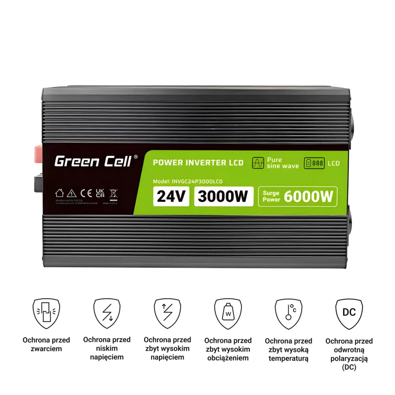 Przetwornica samochodowa zielony Cell INVGC24P3000LCD 24V 3000W czysty sinus, 230V 50Hz, LCD, gniazdo typu F
