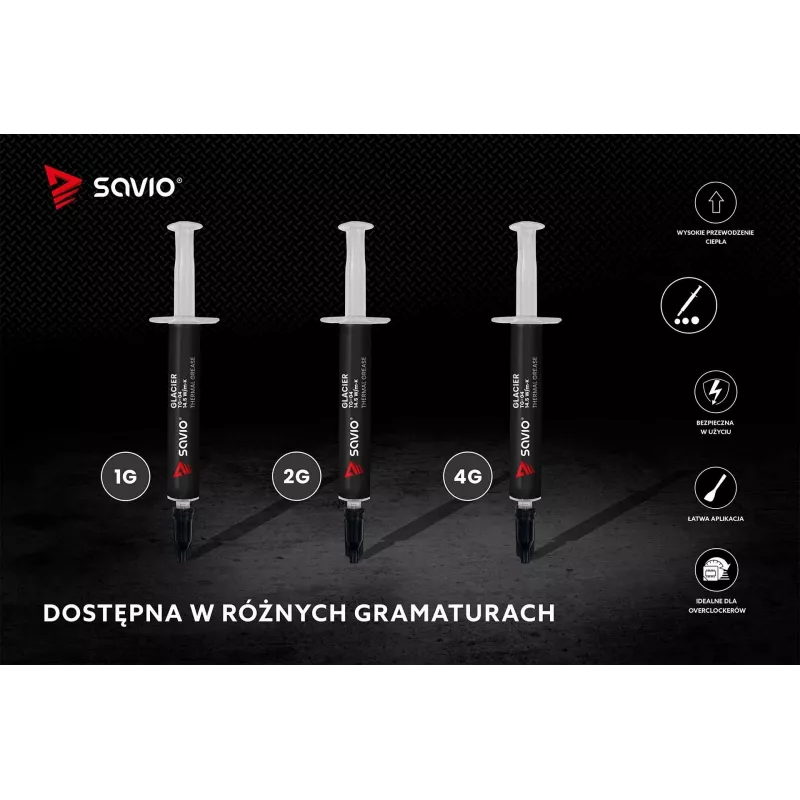 Pasta termoprzewodząca SAVIO TG-04 4 g — przewodność cieplna 14,5 W/m·K, temperatura pracy od -250 do 300 °C, szara
