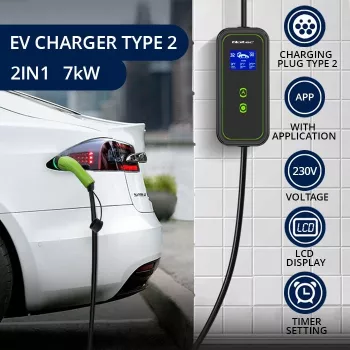 Qoltec Mobilny Ładowarka EV do Samochodu Regulowana 2w1 Type2 | 7kW | 230V | CEE 3 PIN | Wi-Fi | LCD | Przenośna | Wallbox | 5m