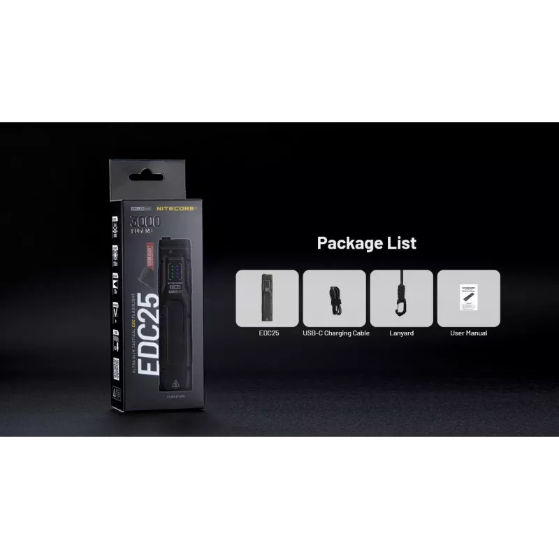 Latarka taktyczna Nitecore EDC25 — podwójna dioda LED, 15 lm, korpus aluminiowy, ładowana przez USB, IP54, wstrząsoodporna, czarna