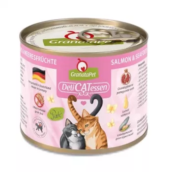 Mokra karma dla kota Fox4Pets DeliCATessen z łososiem i owocami morza, puszka 200 g, pełnowartościowa dieta dla dorosłych, 10,2% białka, 5,5% tłuszczu, 80% wilgotności