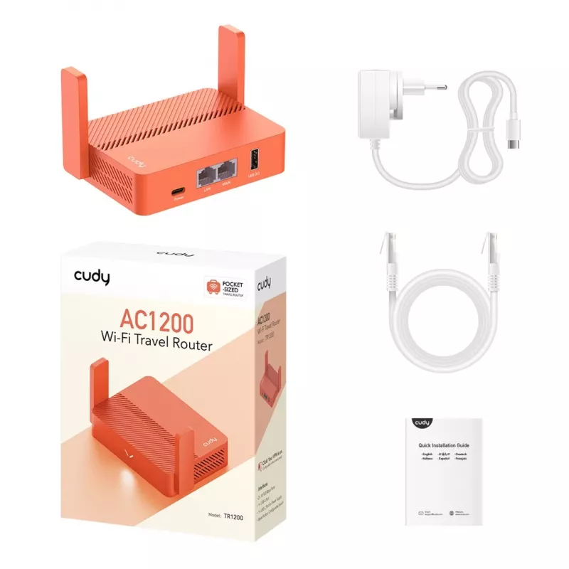 Router przenośny Cudy AC1200 (TR1200) — pomarańczowy, zasilanie AC, 1x RJ-45 LAN/WAN, USB 2.0