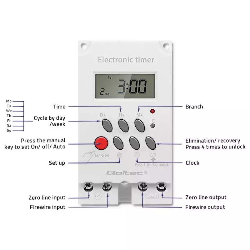 Elektroniczny przekaźnik czasowy na szynę DIN QOLTEC PC0629 — zasilanie 24V, wyjście 16A