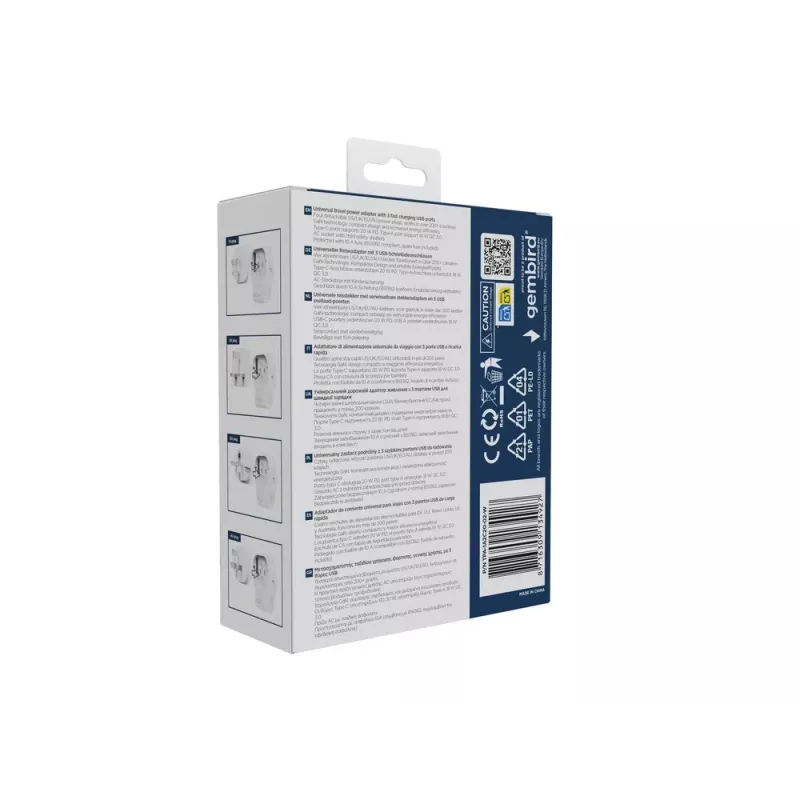 Podróżny adapter ścienny GEMBIRD TPA-1A2C20-02-W 20W — 1×USB-A + 2×USB-C, wtyczka typu G, 100–250V, biały