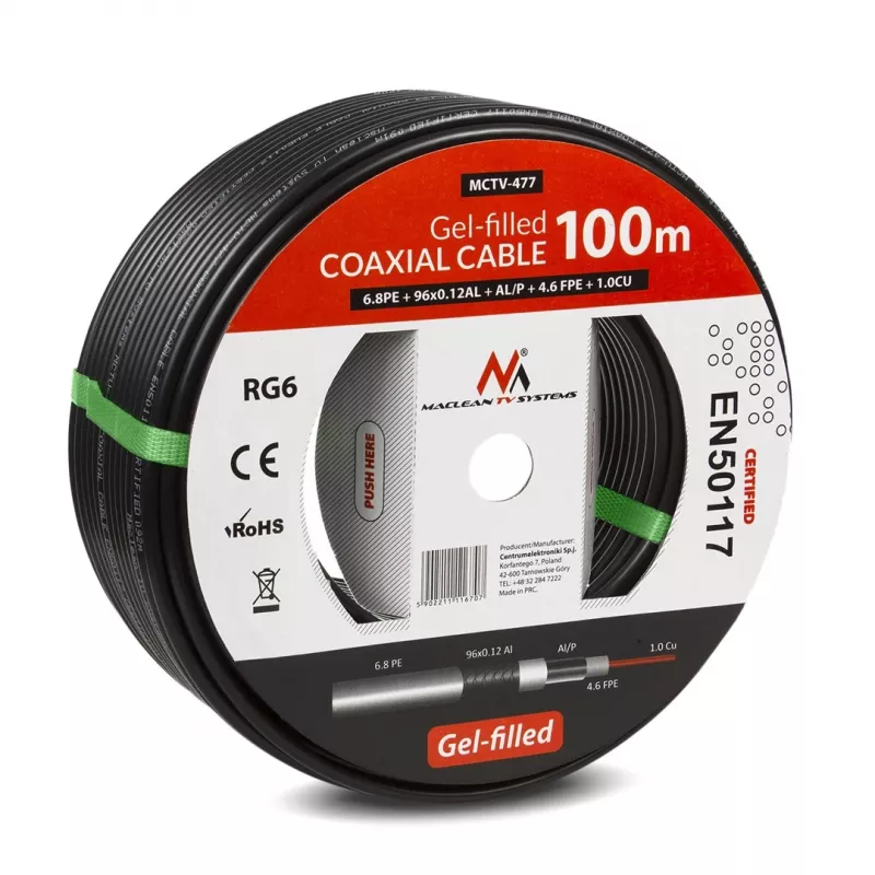 Kabel koncentryczny MACLEAN MCTV-477 100 m Czarny 75 Ω, 50 pF, powłoka 6,8 mm