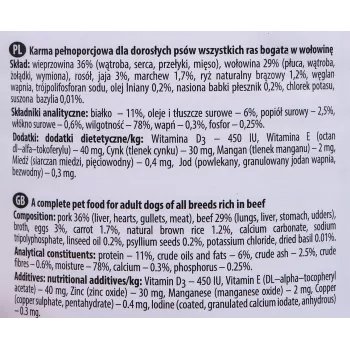 Mokra karma dla psa Dolina Noteci wołowina i wieprzowina dla psów dorosłych puszka 400 g, białko 11%, tłuszcz 6%, wilgotność 78%