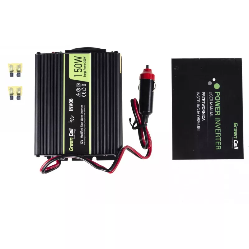 Przetwornica napięcia zielony Cell INV06 12 V na 230 V 150 W 50 Hz wtyk typu C, sprawność 85%, czarna