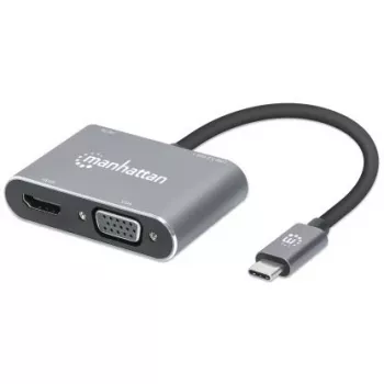 Manhattan Stacja dokująca / hub USB-C, porty (x4): HDMI, USB-A, USB-C i VGA, z Power Delivery (PD) 87 W - wymaga zewnętrznej ładowarki USB-C (nie dołączono). Zasilanie przez USB (nie wymaga zewnętrznego zasilacza), gdy PD nie jest używane, aluminium
