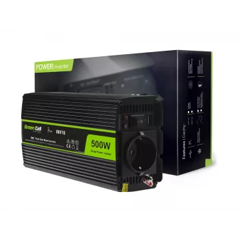 Przetwornica samochodowa zielony Cell INV16 500 W DC 12 V na AC 230 V, 50 Hz, port USB, aktywne chłodzenie, czarna