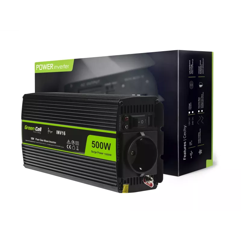 Przetwornica samochodowa zielony Cell INV16 500 W DC 12 V na AC 230 V, 50 Hz, port USB, aktywne chłodzenie, czarna