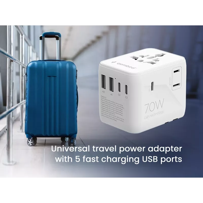 Adapter podróżny GEMBIRD TPA-2A3C70-01-W — wtyczka typu I, 3× USB-C (70W), 2× USB-A (18W), 100–250V, biały