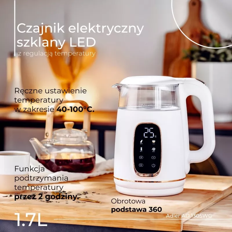 Czajnik elektryczny Adler AD 1305WG — 1,7 l, 2200 W, szkło/tworzywo sztuczne, biały/złoty/przezroczysty