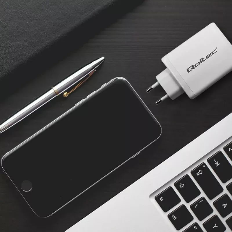 Ładowarka QOLTEC 100W GaN USB-C Dual PD 5–20V 1,5–5A, 2×USB-C