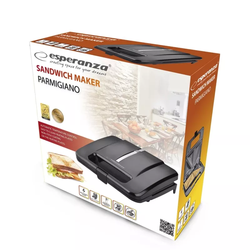 Opiekacz do kanapek ESPERANZA PARMIGIANO 1000 W — 4 kanapki, czarny, płyty nieprzywierające