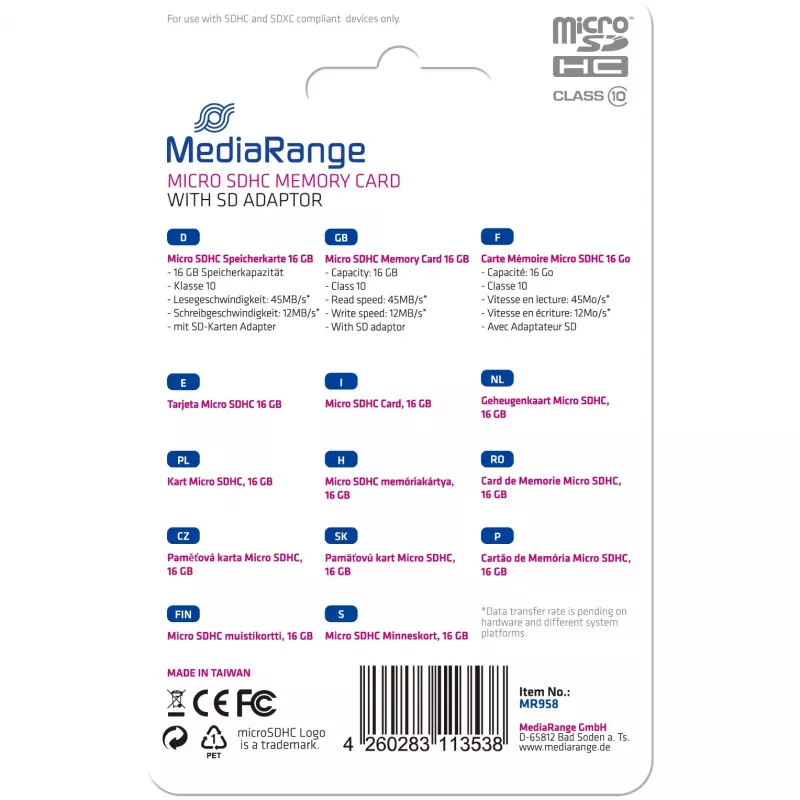 Karta pamięci MediaRange 16 GB MicroSDHC Class 10 MR958