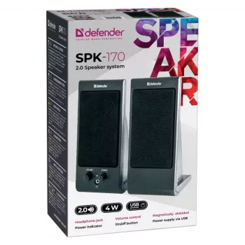Głośniki biurkowe / podstawkowe DEFENDER SPK-170 2.0, 4 W RMS, przewodowe USB 5 V, 3,5 mm, czarne