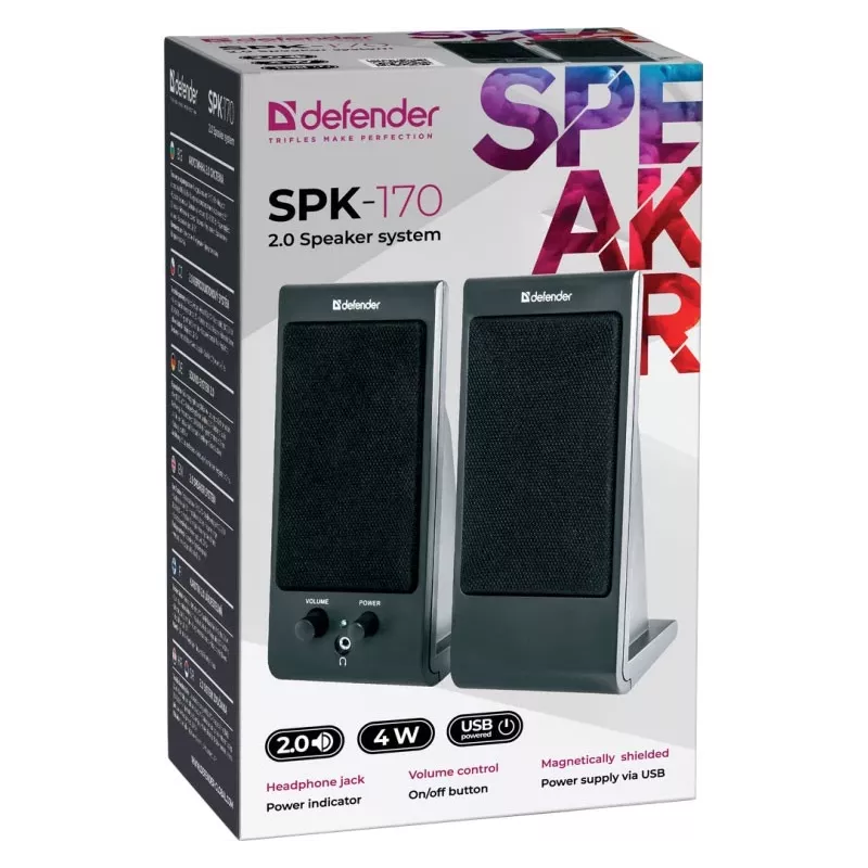 Głośniki biurkowe / podstawkowe DEFENDER SPK-170 2.0, 4 W RMS, przewodowe USB 5 V, 3,5 mm, czarne