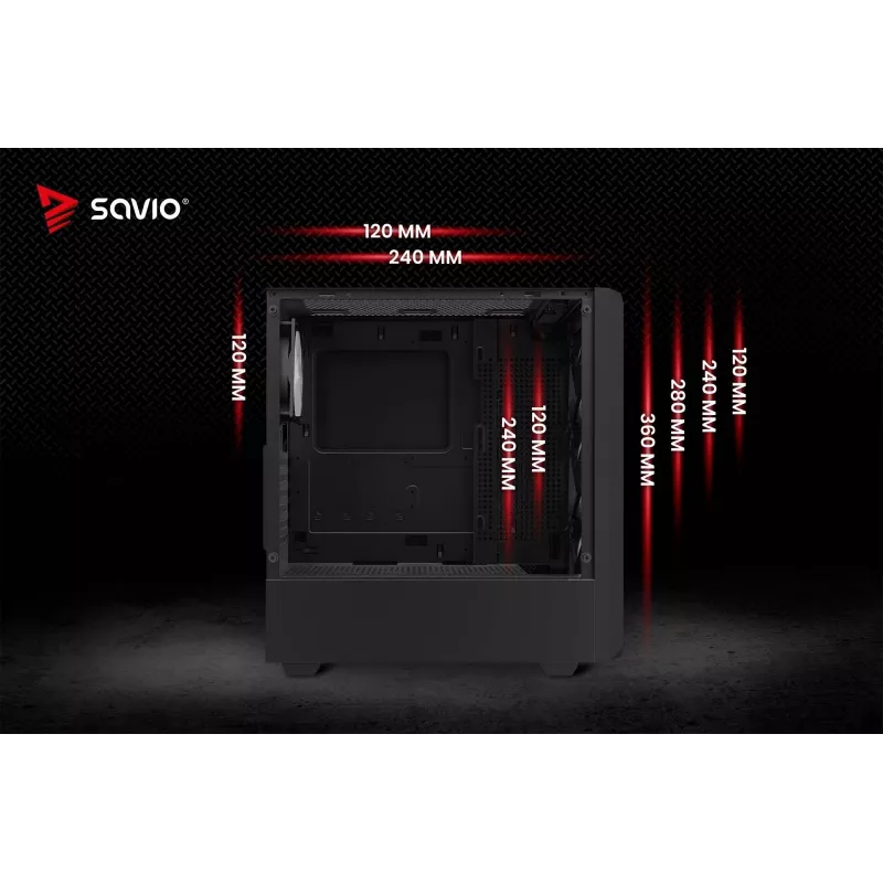 Obudowa PC Cube SAVIO Noctis Glass RGB — Czarny, ATX/Micro-ATX, 210×410×450 mm, 3×120 mm wentylatory z przodu