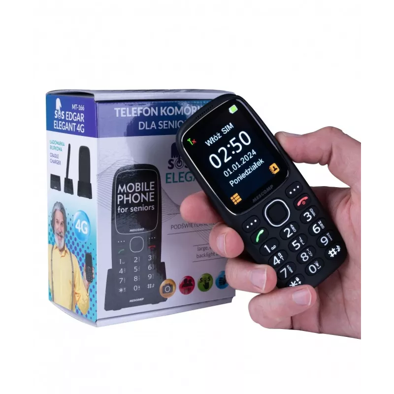Telefon komórkowy Mescomp MT-166 Edgar, Elegancki, dla seniorów, 4G, Czarny