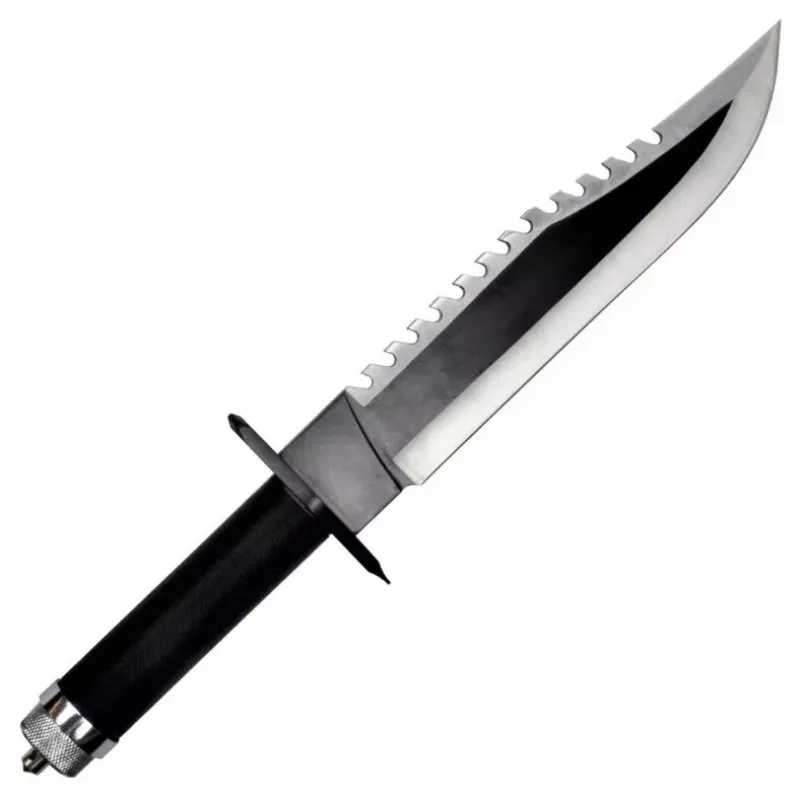 Stały nóż survivalowy cinema classic CC-H2 — 400 mm całkowita, 250 mm ostrze ze stali, gładkie i ząbkowane, czarna rękojeść, w zestawie skórzana pochwa