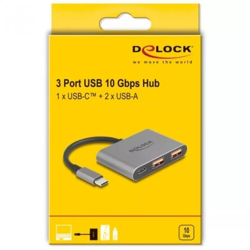 Hub USB DELOCK 64337 — host USB 3.2 Gen 2 Type-C, 3 porty (Type-C + 2× Type-A), 10 Gbit/s, szary, obudowa metalowa
