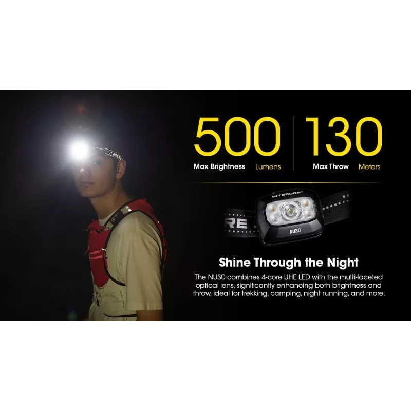 Lampa czołowa Nitecore NU30 — kompaktowa noszona lampa czołowa LED, do 500 lumenów, wiele poziomów jasności, tryb światła czerwonego
