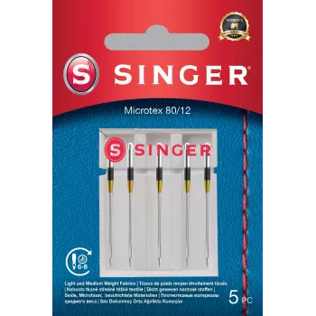 Igła Microtex SINGER 250053203 rozmiar 80/12 — cienka ostra igła do precyzyjnego szycia na lekkich tkaninach