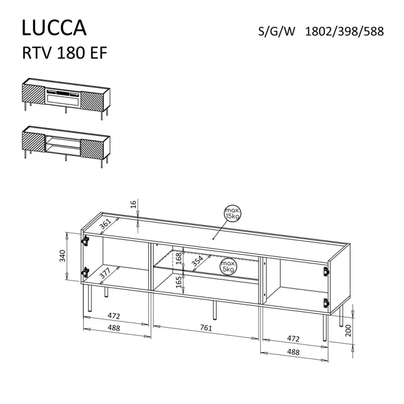 Szafka RTV cama meble LUCCA 180x40x59 cm, blat i rama w kolorze białym, czarny kominek elektryczny